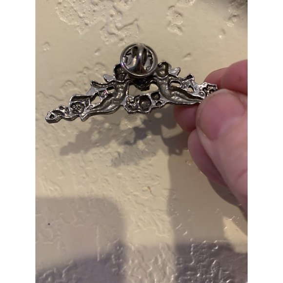 VTG Silver Tone Cherub Victorian Rose Swag Brooch Push Pin Clasp Detailed Ornate - Picture 3 of 9